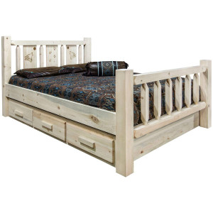 Denver Bed with Storage & Engraved Wolves